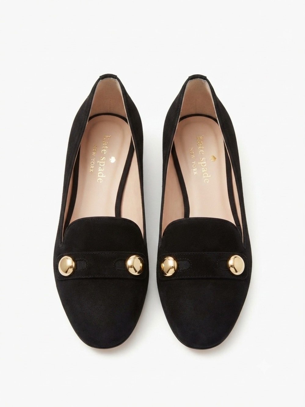 kate spade Black Suede Loafers with Gold Buttons